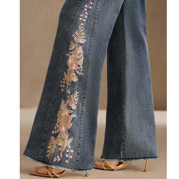 Boho Dark Wash Floral Embroidered Wide Leg Denim Jeans - Picture 1 of 5